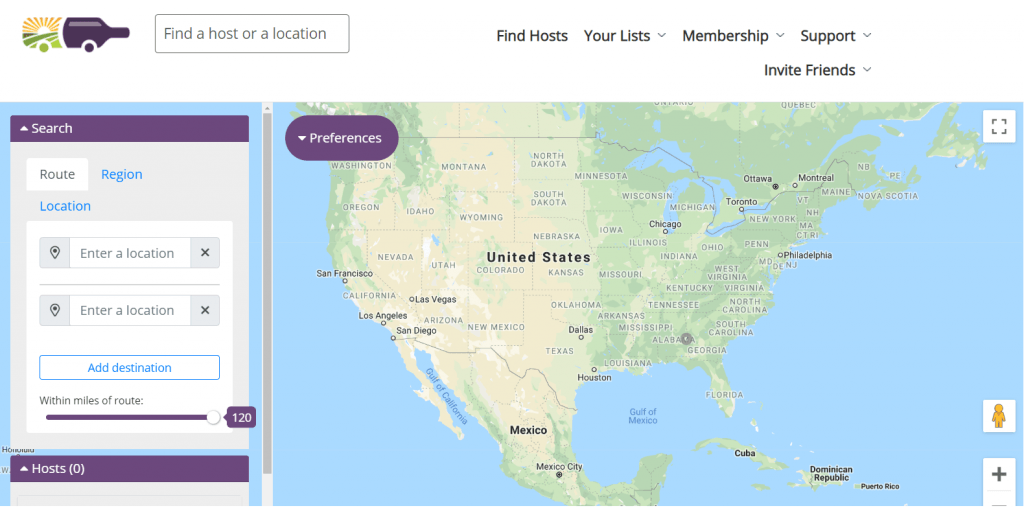 On the Harvest Hosts website, you can plan efficient stops along your route.