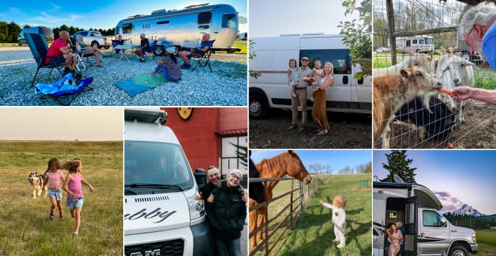 A collage of Harvest Hosts members camping in their RVs at unique host locations across the country